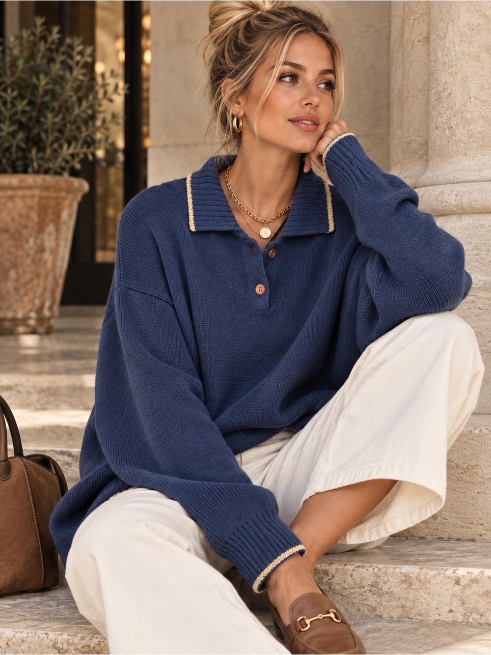 Bonnie Boerer Contrast-Trim Polo Collar Knit Sweater